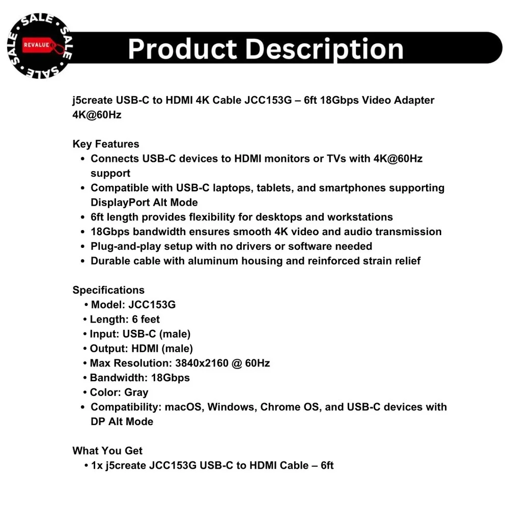 j5create USB-C to HDMI 4K Cable JCC153G‎ – 6ft 18Gbps Video Adapter 4K@60Hz